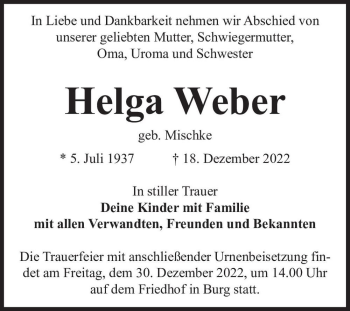 Traueranzeige von Helga Weber (geb. Mischke)  von Magdeburger Volksstimme