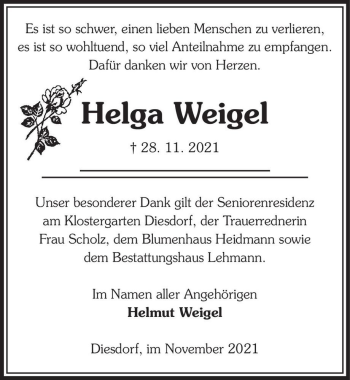 Traueranzeige von Helga Weigel  von Magdeburger Volksstimme