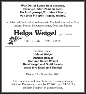 Traueranzeige von Helga Weigel (geb. Nieske)  von Magdeburger Volksstimme
