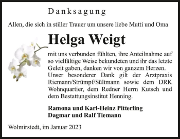 Traueranzeige von Helga Weigt  von Magdeburger Volksstimme