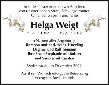 Traueranzeige von Helga Weigt  von Magdeburger Volksstimme