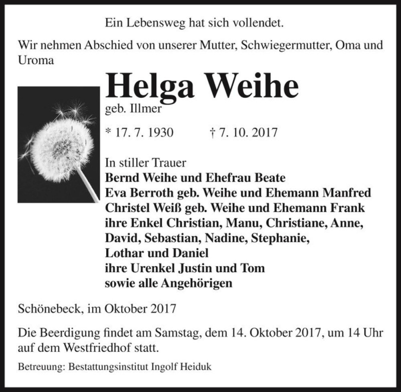 Traueranzeige für Helga Weihe (geb. Illmer)  vom 11.10.2017 aus Magdeburger Volksstimme