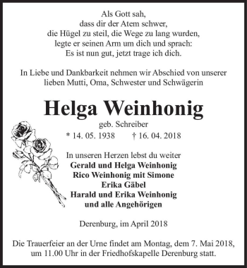 Traueranzeige von Helga Weinhonig (geb. Schreiber)  von Magdeburger Volksstimme