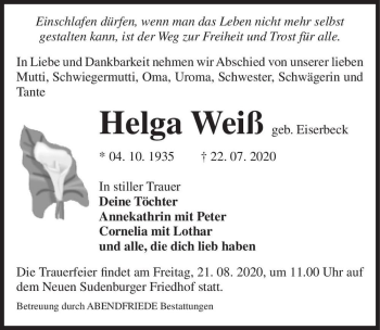 Traueranzeige von Helga Weiß (geb. Eiserbeck)  von Magdeburger Volksstimme