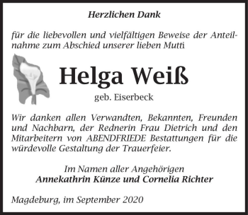 Traueranzeige von Helga Weiß (geb. Eiserbeck)  von Magdeburger Volksstimme