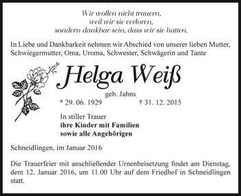 Traueranzeige von Helga Weiß (geb. Jahns)  von Magdeburger Volksstimme
