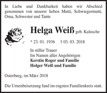 Traueranzeige von Helga Weiß (geb. Kalusche)  von Magdeburger Volksstimme
