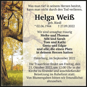 Traueranzeige von Helga Weißs (geb. Riedl)  von Magdeburger Volksstimme