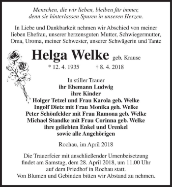 Traueranzeige von Helga Welke (geb. Krause)  von Magdeburger Volksstimme