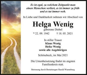 Traueranzeige von Helga Wenig (geb. Diebel)  von Magdeburger Volksstimme
