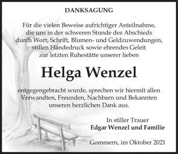 Traueranzeige von Helga Wenzel  von Magdeburger Volksstimme