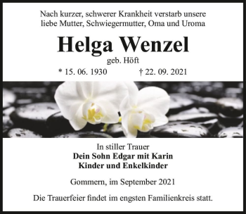 Traueranzeige von Helga Wenzel (geb. Höft)  von Magdeburger Volksstimme