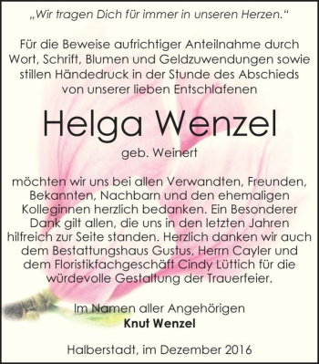 Traueranzeige von Helga Wenzel (geb. Weinert)  von Magdeburger Volksstimme