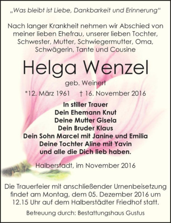 Traueranzeige von Helga Wenzel (geb. Weinert)  von Magdeburger Volksstimme
