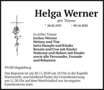 Traueranzeige von Helga Werner (geb. Thieme)  von Magdeburger Volksstimme
