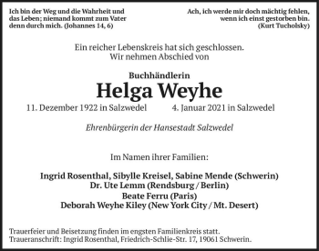 Traueranzeige von Helga Weyhe  von Magdeburger Volksstimme