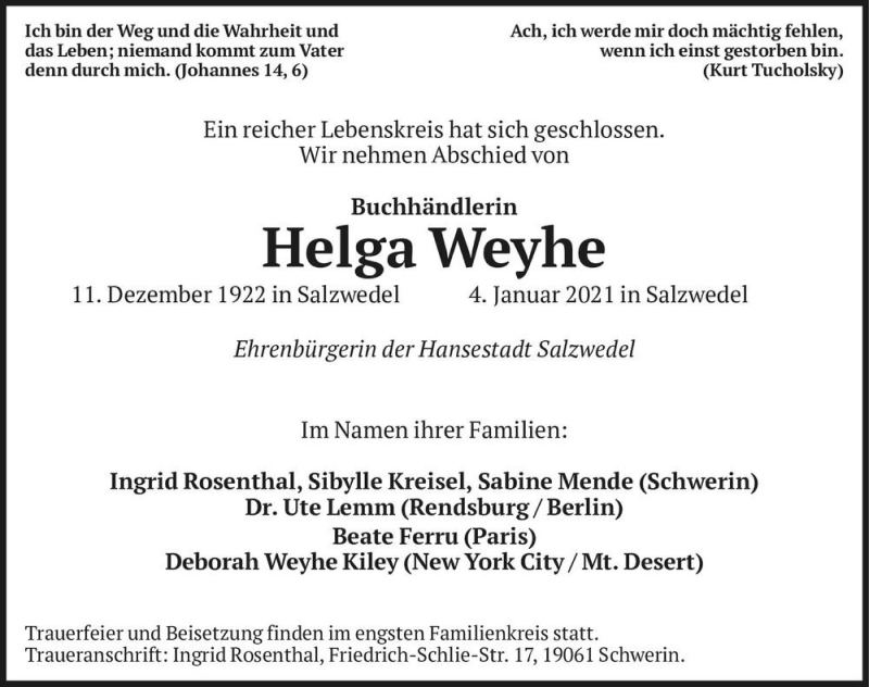  Traueranzeige für Helga Weyhe  vom 16.01.2021 aus Magdeburger Volksstimme