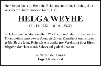 Traueranzeige von Helga Weyhe  von Magdeburger Volksstimme