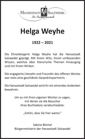 Traueranzeige von Helga Weyhe  von Magdeburger Volksstimme
