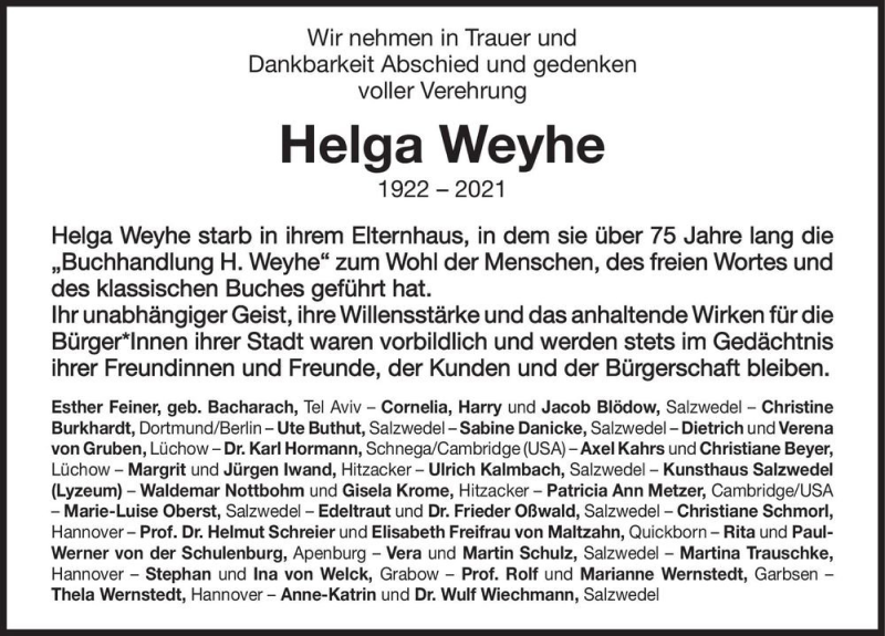  Traueranzeige für Helga Weyhe  vom 16.01.2021 aus Magdeburger Volksstimme