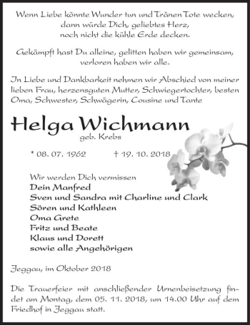 Traueranzeige von Helga Wichmann (geb. Krebs)  von Magdeburger Volksstimme