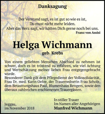 Traueranzeige von Helga Wichmann (geb. Krebs)  von Magdeburger Volksstimme