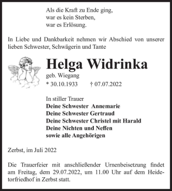 Traueranzeige von Helga Widrinka (geb. Wiegang)  von Magdeburger Volksstimme