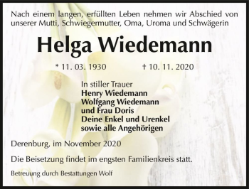Traueranzeige von Helga Wiedemann  von Magdeburger Volksstimme