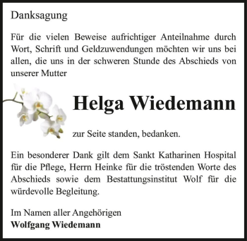 Traueranzeige von Helga Wiedemann  von Magdeburger Volksstimme