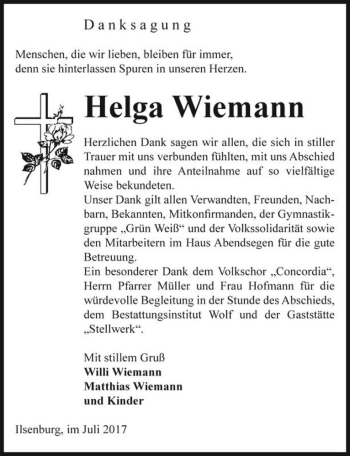 Traueranzeige von Helga Wiemann  von Magdeburger Volksstimme