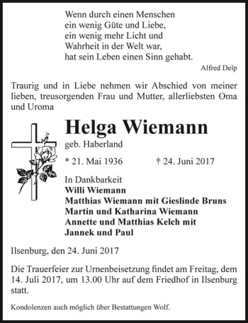 Traueranzeige von Helga Wiemann (geb. Haberland)  von Magdeburger Volksstimme