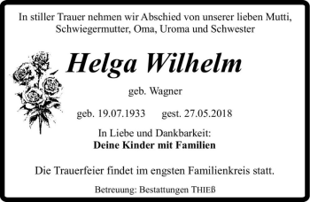 Traueranzeige von Helga Wilhelm (geb. Wagner)  von Magdeburger Volksstimme