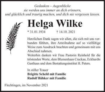 Traueranzeige von Helga Wilke  von Magdeburger Volksstimme
