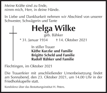 Traueranzeige von Helga Wilke(geb. Bähker)  von Magdeburger Volksstimme