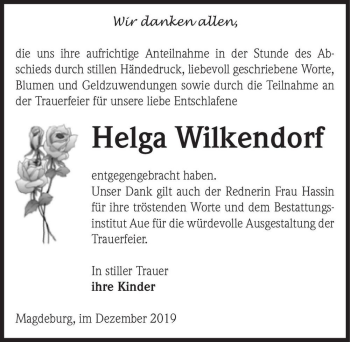 Traueranzeige von Helga Wilkendorf  von Magdeburger Volksstimme