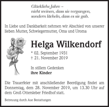 Traueranzeige von Helga Wilkendorf  von Magdeburger Volksstimme