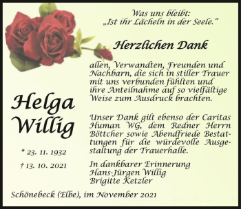 Traueranzeige von Helga Willig  von Magdeburger Volksstimme