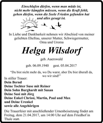 Traueranzeige von Helga Wilsdorf (geb. Auerswald)  von Magdeburger Volksstimme