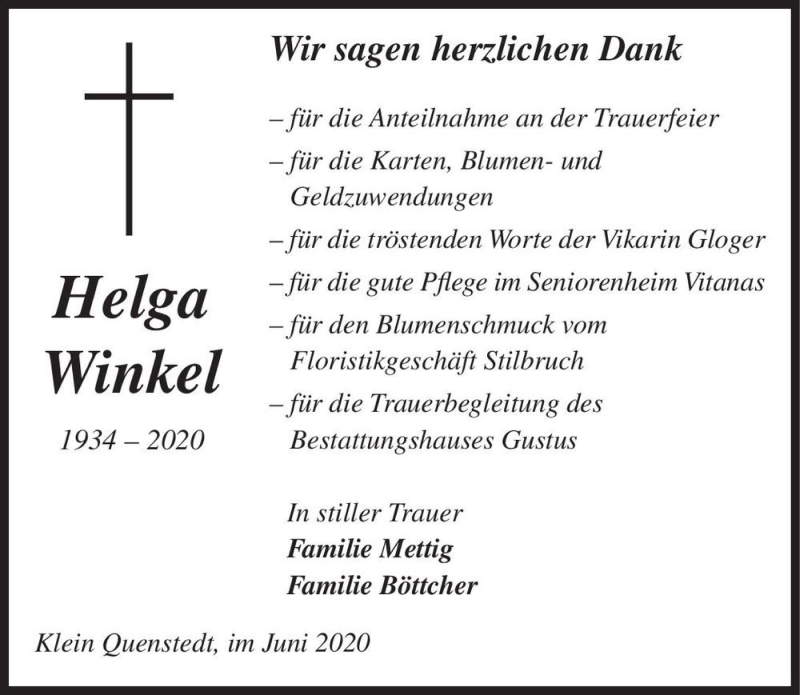  Traueranzeige für Helga Winkel  vom 20.06.2020 aus Magdeburger Volksstimme