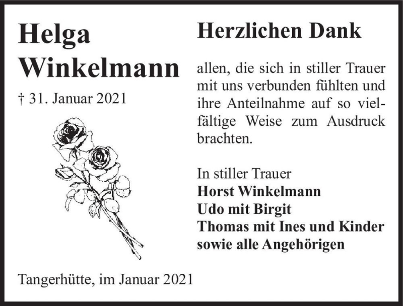  Traueranzeige für Helga Winkelmann  vom 27.02.2021 aus Magdeburger Volksstimme