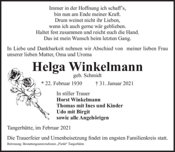 Traueranzeige von Helga Winkelmann (geb. Schmidt)  von Magdeburger Volksstimme