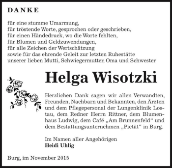 Traueranzeige von Helga Wisotzki  von Magdeburger Volksstimme