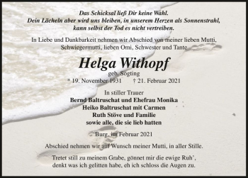 Traueranzeige von Helga Withopf (geb. Sögting)  von Magdeburger Volksstimme
