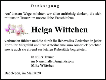 Traueranzeige von Helga Wittchen  von Magdeburger Volksstimme