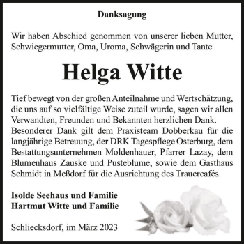 Traueranzeige von Helga Witte  von Magdeburger Volksstimme