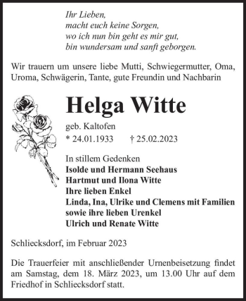 Traueranzeige von Helga Witte (geb. Kaltofen)  von Magdeburger Volksstimme