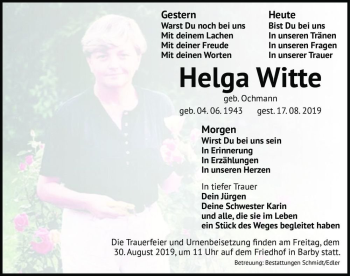 Traueranzeige von Helga Witte (geb. Ochmann)  von Magdeburger Volksstimme