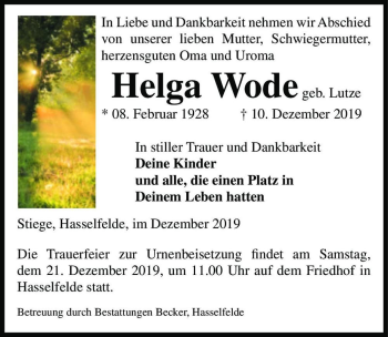Traueranzeige von Helga Wode (geb. Lutze)  von Magdeburger Volksstimme