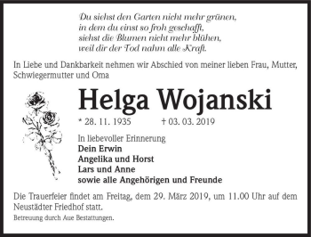 Traueranzeige von Helga Wojanski  von Magdeburger Volksstimme