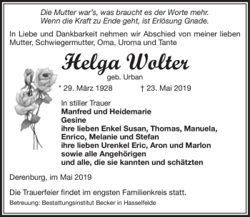 Traueranzeige von Helga Wolter (geb. Urban)  von Magdeburger Volksstimme